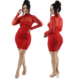 Sexy Solid Color Long Sleeve Beaded Bodycon Dress