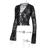 Women's Summer Fashion Print Sexy Mesh Lace Long Sleeve Top