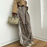 Leopard Print High Waist Stripe Wide Leg Pants Summer Women Street Trousers