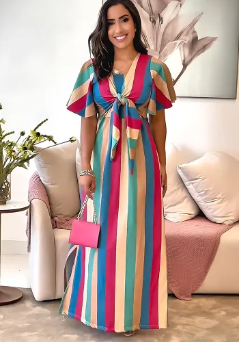 Striped Print Lace-Up Bow Slim Waist A-Line Long Dress