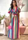 Striped Print Lace-Up Bow Slim Waist A-Line Long Dress