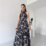 Women Sleeveless Chic Print Fashion Slit A-Line Long Dress