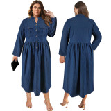 Plus Size Women's Denim Stand Collar Button Long Sleeve Long Dress