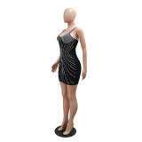 Women Solid Color Sexy Strap Bodycon Beaded Party Dress