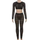 Autumn Winter Sexy See Through Mesh Long Sleeve Crop Top High Waist Hollow Tight Slim Trousers Two Piece Set