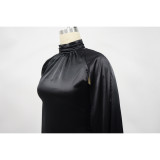 Women's Autumn Winter High Collar Cap Sleeve Satin Dress