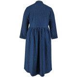 Plus Size Women's Denim Stand Collar Button Long Sleeve Long Dress