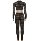 Autumn Winter Sexy See Through Mesh Long Sleeve Crop Top High Waist Hollow Tight Slim Trousers Two Piece Set