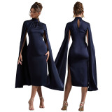 Women's Autumn Winter High Collar Cap Sleeve Satin Dress