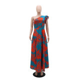 Women's Slash Shoulder Sexy Slit Printed Formal Party Evening Dress