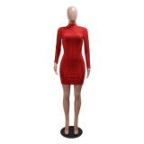 Sexy Solid Color Long Sleeve Beaded Bodycon Dress