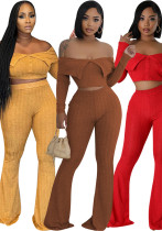 Summer Women's Clothing Solid Color Fashion Off Shoulder Long Sleeve Top Wide Leg Pants Two Piece Set