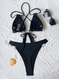 Women Lace-Up Low Back Solid Color One-Piece Bikini Swimsuit