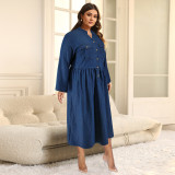 Plus Size Women's Denim Stand Collar Button Long Sleeve Long Dress