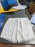 Women's solid Color hollow drawstring casual linen shorts