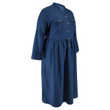 Plus Size Women's Denim Stand Collar Button Long Sleeve Long Dress