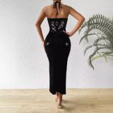 Lace-Up Halter Neck Slit Slim Sequin Dress