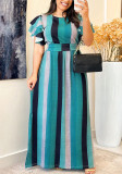 Plus Size Women's Striped Print Round Neck Slim Waist Casual Long Dress