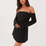 Autumn Off Shoulder Button Long Sleeve Sexy Dress