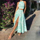 Women's Holidays Style Printed Halter Backless Top Slit Long Skirt Two-Piece Set