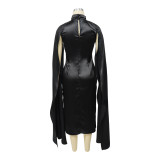 Women's Autumn Winter High Collar Cap Sleeve Satin Dress