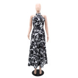 Women Sleeveless Chic Print Fashion Slit A-Line Long Dress