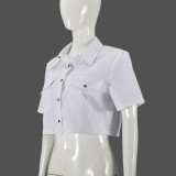 Women's Summer Turndown Collar Pocket Button Sexy Short Sleeve Shirt