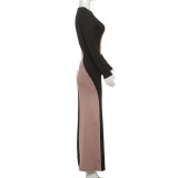 Autumn Winter Women's Fashion Contrast Color Round Neck Long Sleeve Chic Long Dress