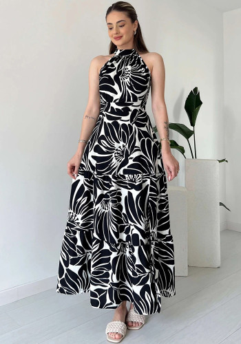 Women Sleeveless Chic Print Fashion Slit A-Line Long Dress