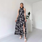 Women Sleeveless Chic Print Fashion Slit A-Line Long Dress