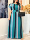 Plus Size Women's Striped Print Round Neck Slim Waist Casual Long Dress