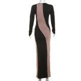 Autumn Winter Women's Fashion Contrast Color Round Neck Long Sleeve Chic Long Dress