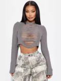 Women's Autumn Hollow Ripped Long Sleeve Crop Sweater