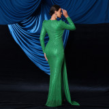 Women Sexy Sequin Long Sleeve Round Neck Formal Party Maxi Evening Dress