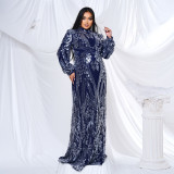 Plus Size Women Long Sleeve Round Neck Formal Party Sequin Maxi Evening Dress