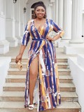 Plus Size Women Sexy V-Neck Half-Sleeve Striped Casual Dress