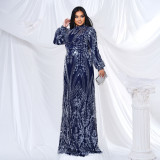 Plus Size Women Long Sleeve Round Neck Formal Party Sequin Maxi Evening Dress