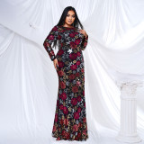 Plus Size Women Long Sleeve Round Neck Formal Party Sexy Sequin Maxi Evening Dress