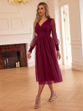 Women Sexy V Neck Mesh Bubble Long Sleeve Dress