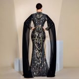 Women Sexy Sequin Long Sleeve Round Neck Formal Party Maxi Evening Dress