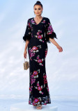 Women Sexy Sequin Short Sleeve V-Neck Formal Party Maxi Evening Dress