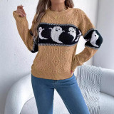 Women Halloween Ghost Contrast Color Knitting Long Sleeve Sweater