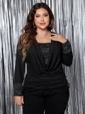 Plus Size Women Solid Long Sleeve Loose Pleated Knitting Top