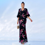 Women Sexy Sequin Short Sleeve V-Neck Formal Party Maxi Evening Dress