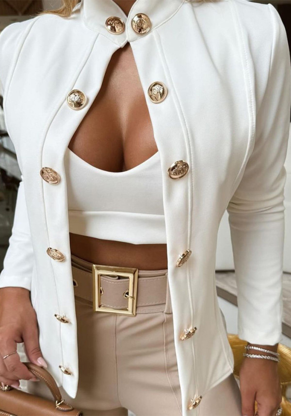 Women White Metal Button Decoration Stand Collar Long Sleeve Jacket