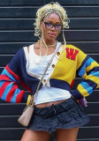 Women casual multi-color letter knitting button long sleeve crop jacket