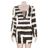 Women autumn round neck long sleeve striped print dress