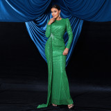 Women Sexy Sequin Long Sleeve Round Neck Formal Party Maxi Evening Dress