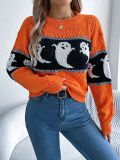 Women Halloween Ghost Contrast Color Knitting Long Sleeve Sweater