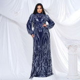 Plus Size Women Long Sleeve Round Neck Formal Party Sequin Maxi Evening Dress